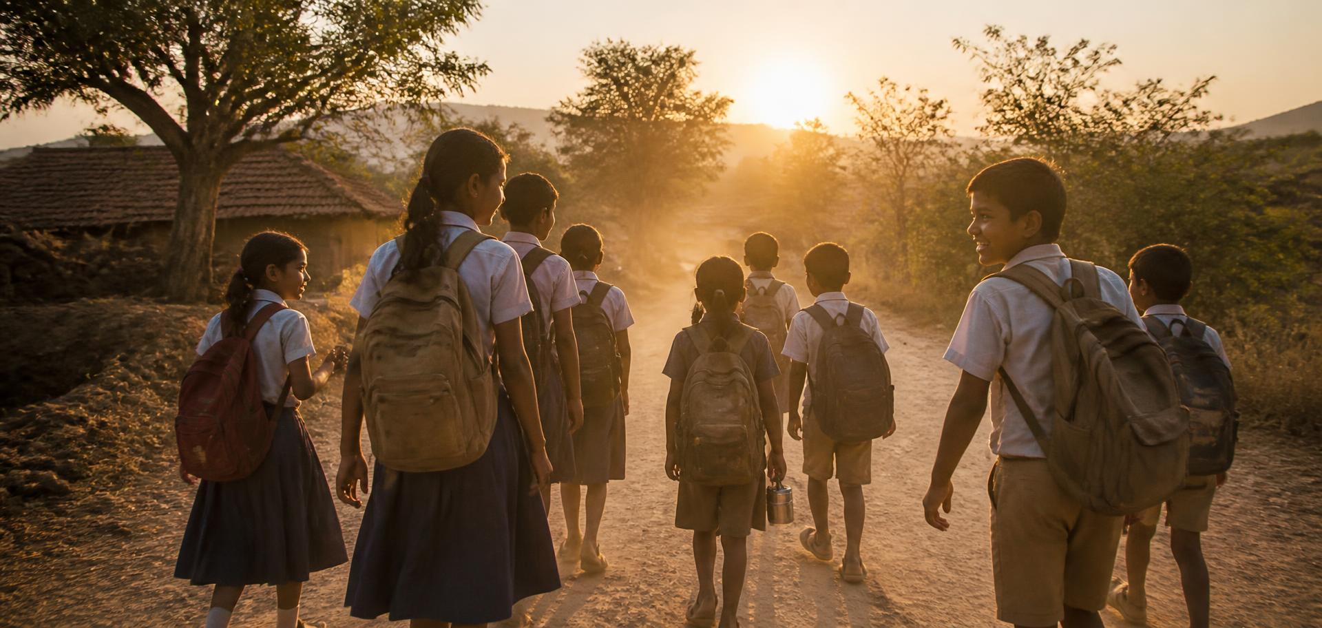 Indian school children walking together at sunset