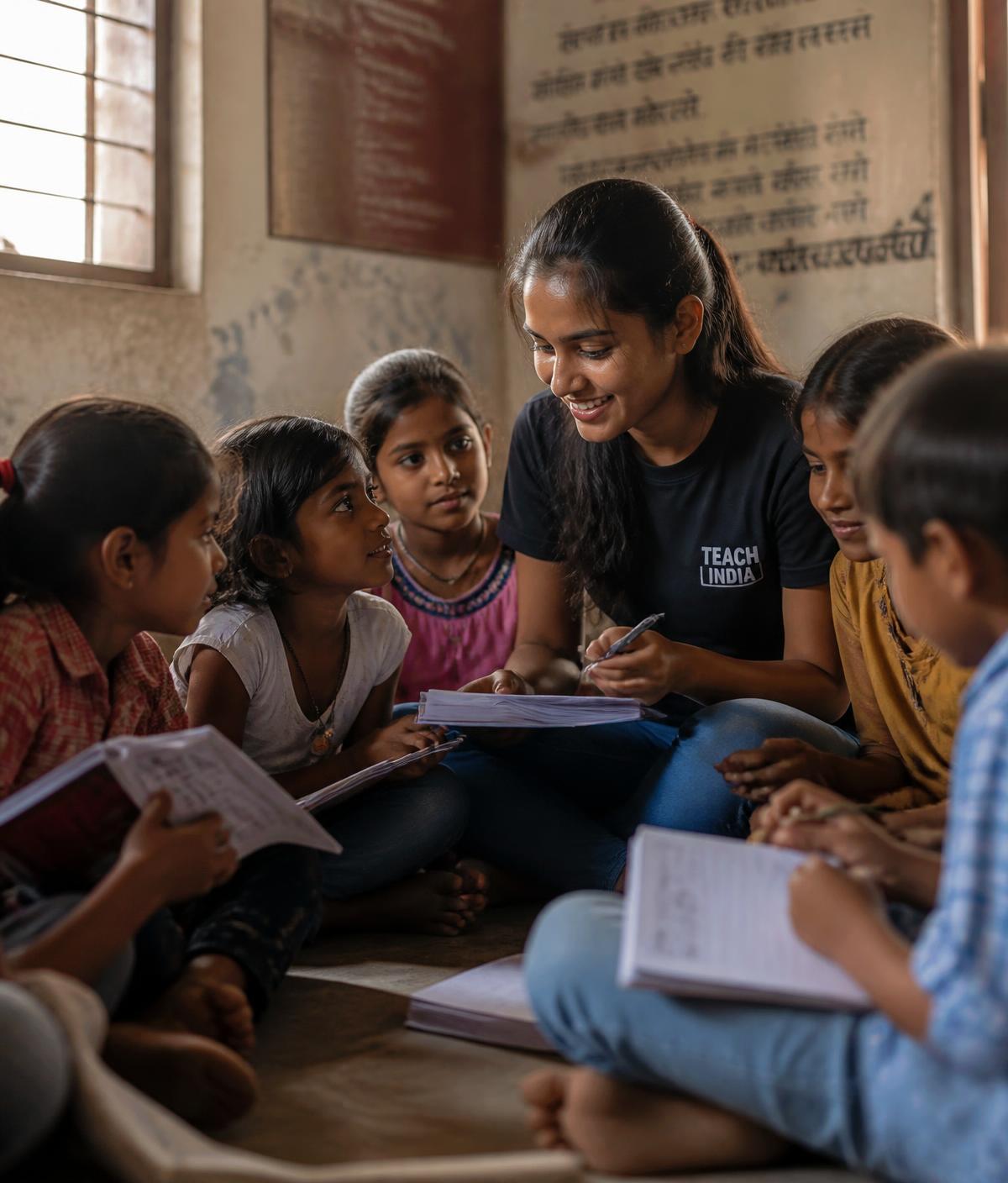 Volunteer teaching village children
