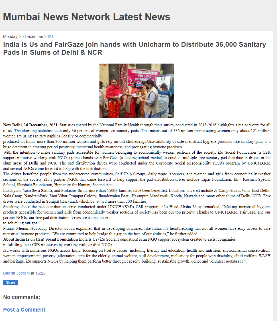 India Is Us and FairGaze join hands with Unicharm to Distribute 
36,000 Sanitary Pads in Slums of Delhi & NCR